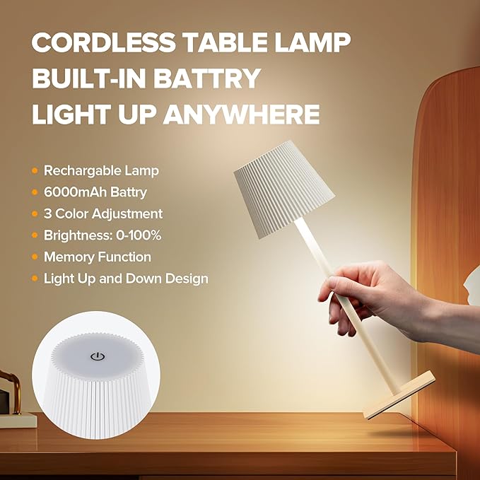LUTEC 4 Pack Cordless Table Lamp,6000mAh Rechargeable Battery Operated Desk Lamp,Two Adjustable Heights,Waterproof, Touch Control & 3 Color Stepless Dimming for Restaurant/Bedroom/Bars/Outdoor (White)