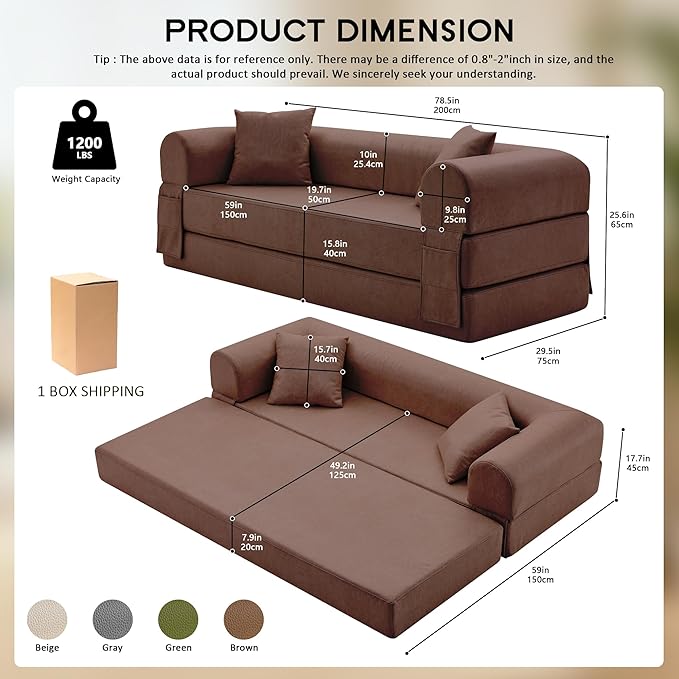 78.5" Convertible Sleeper Sofa Bed, Faux Leather Folding Floor Sofa with Pullout Bed&2 Pillows, No Assembly Modern Boneless Couch Compression Sofa in Box with Storage Pocket for Living Room, Brown