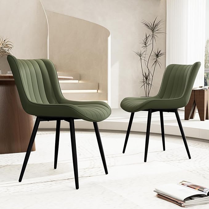 YOUNUOKE Mid-Century Modern Dining Chairs Set of 2, Olive Green PU Leather Upholstered Kitchen Chairs with Black Metal Legs, Armless Accent Side Chair for Dining Room, Guest Reception Room