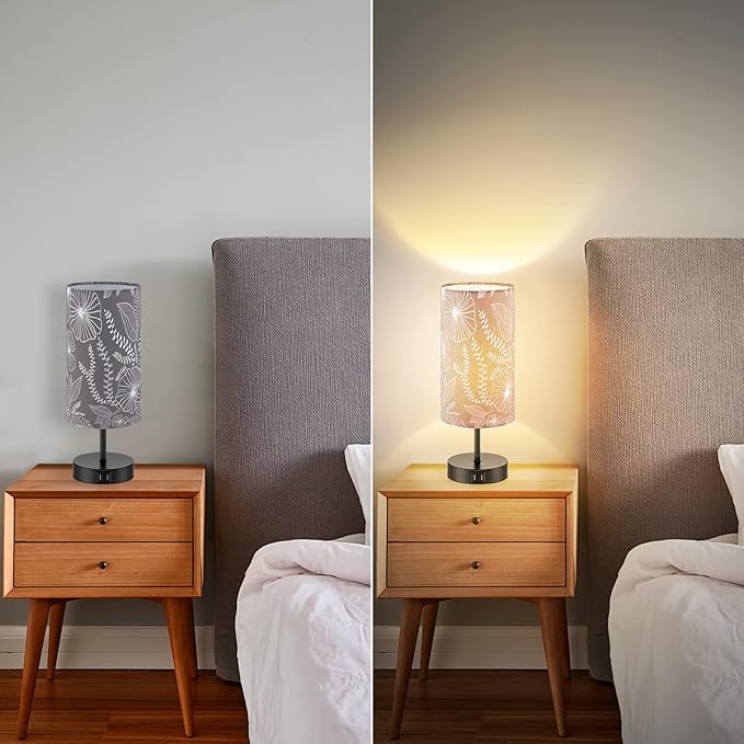 Bedside Table Lamp with 2 USB Ports, Modern Touch Control Desk Lamp with Round Flower Flaxen Fabric Shade, 3 Way Dimmable Small Nightstand Lamp for Bedrooms Living Room Dorm Gray Decor(Bulb Included)