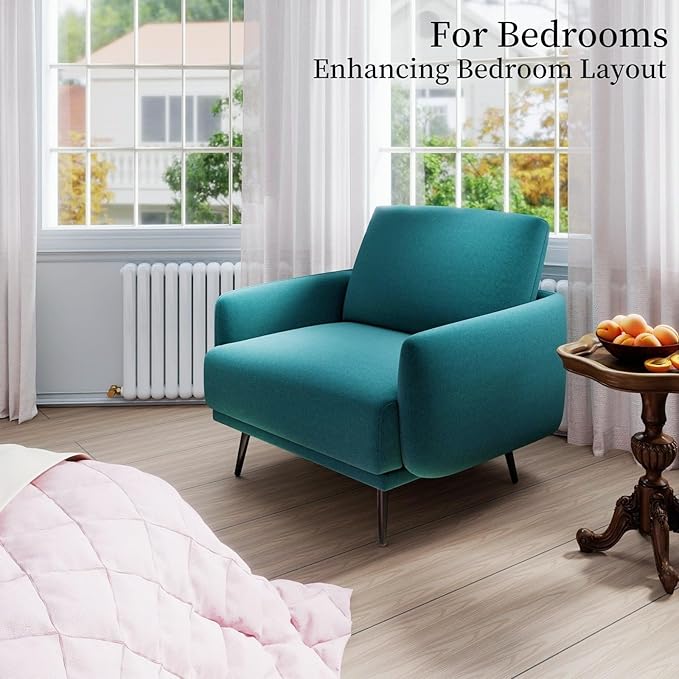 Oversized Accent Chair for Living Room Cozy Reading Chairs Mid-Century Modern Accent Chairs Armchair with Metal Legs Single Sofa Chair for Home Office (1-PCS, Velvet Fabric- Lake Blue)