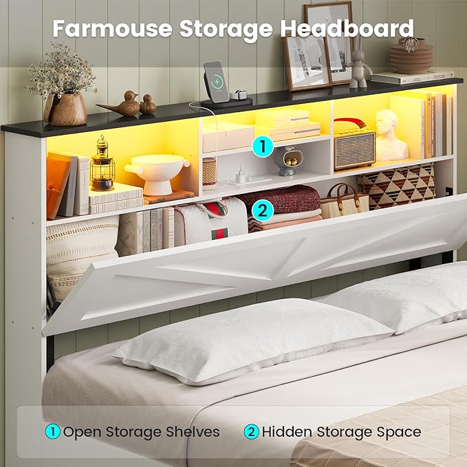 AOGLLATI Farmhouse Queen Bed Frame with 4 Storage Drawers and Led Lights, Wooden Bed Frame Queen Size with Hidden Space Bookcase Headboard and Led Lights & Metal Slats, White