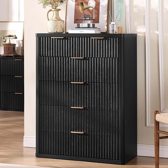 LEYAOYAO Fluted 6 Drawers Dresser for Bedroom, 42" Tall Modern Chest of Drawers with Metal Handle, Curved Profile Design,Black Wood Drawer Organizer for Bedroom, Living Room, Hallway, Entryway