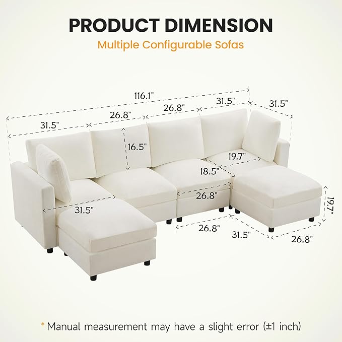 116'' 4-Seater Modular Sectional Cloud Sofa with 2 Ottomans, U-Shaped Couch for Living Room, Modern Deep Seat Sofa with Soft Back Cushions, Chenille Beige