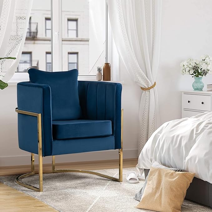 Velvet Accent Chairs Set of 2, Mid Century Modern Upholstered Armchair with Pillow for Living Room, Comfy Barrel Single Vanity Chair with Metal Gold Legs for Bedroom, Blue