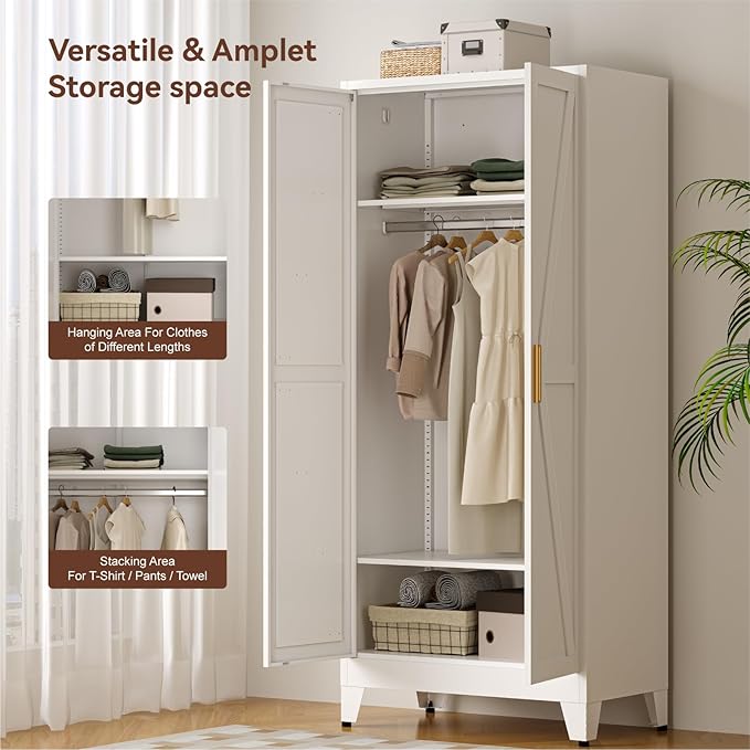 COFaR Metal Wardrobe Cabinet, 71" Farmhouse Storage Cabinet with Hanging Rod, 2 Barn Door, 2 Adjustable Shelves and Legs, for Bedroom, Laundry Room, Cloak Room, Gym, Office, School (White)
