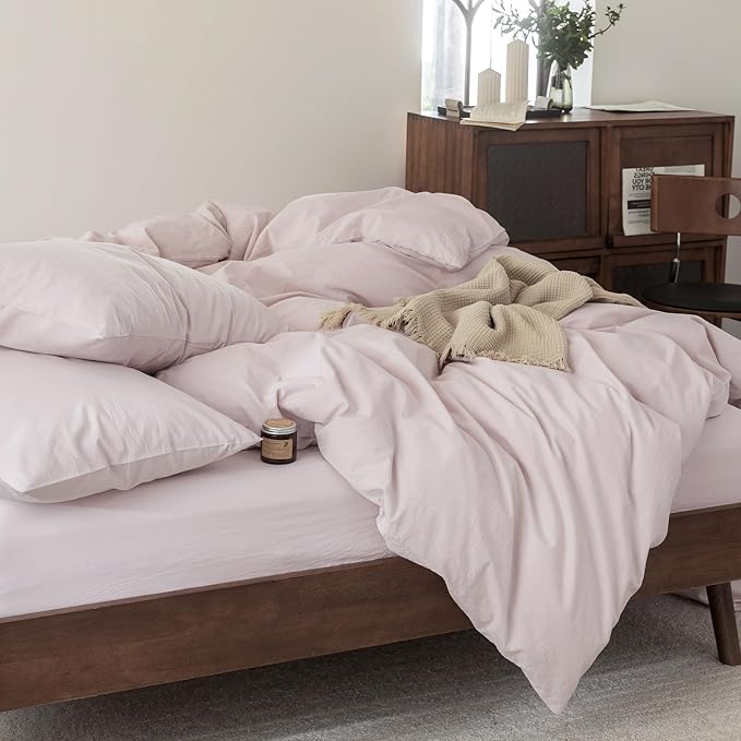 FOSSA Duvet Cover Set 100% Washed Cotton Linen Feel Super Soft Breathable Cozy 3 Pieces Bedding Sets Solid Greyish Pink Oversized King