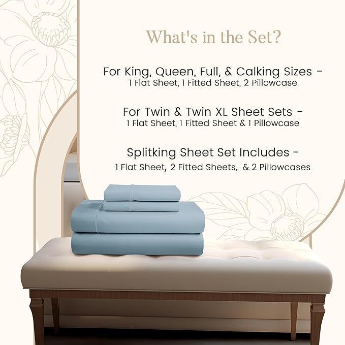 100% Egyptian Cotton Sheets For King Size Bed, 800 Thread Count Deep Pocket King Sheet Set, Elasticated Sheet & Pillowcase Sets, No Pill & Shrink, Soft & Comfy Naturally Cool & Breathable- French Blue