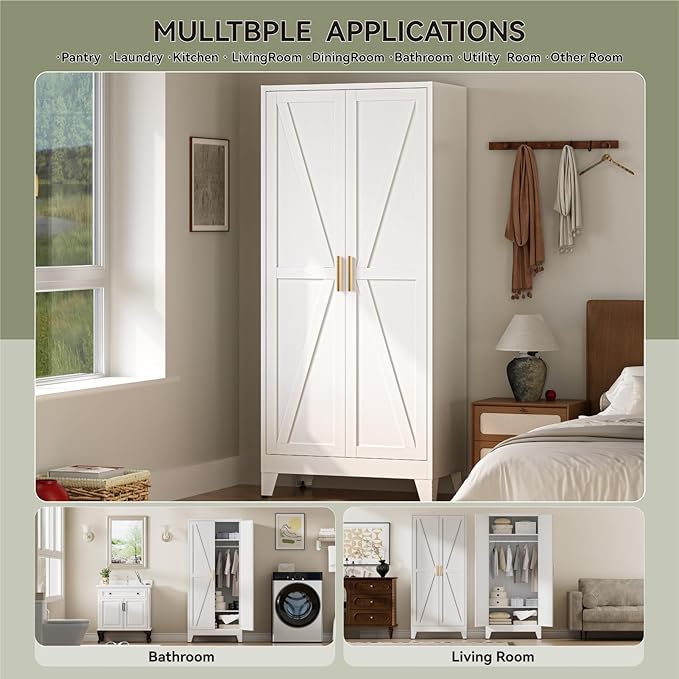 COFaR Metal Wardrobe Cabinet, 71" Farmhouse Storage Cabinet with Hanging Rod, 2 Barn Door, 2 Adjustable Shelves and Legs, for Bedroom, Laundry Room, Cloak Room, Gym, Office, School (White)