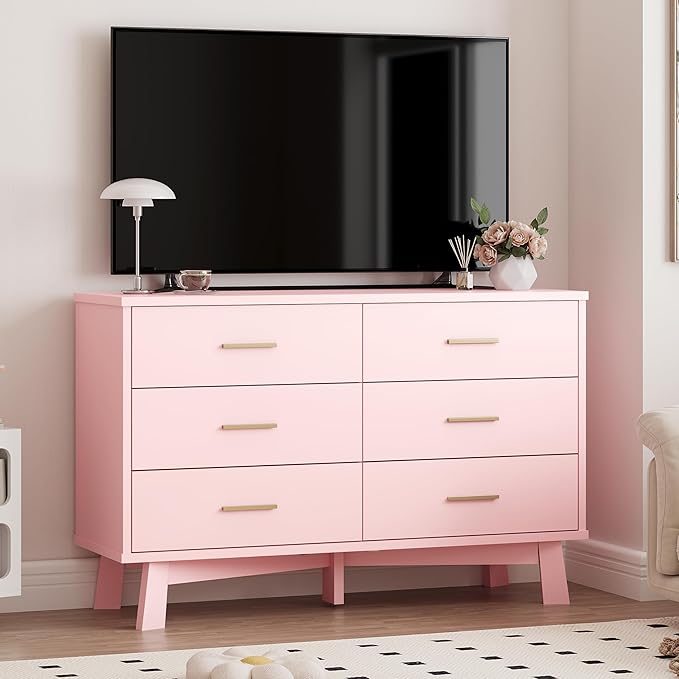 Dresser for Bedroom, 6 Drawer Wide Modern Chest of Drawers with X-Shaped Sturdy Base, Wood Double Dresser Closet Clothes Storage Organizer, Wooden TV Stand for Living Room, Hallway, Pink