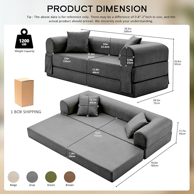 78.5" Convertible Sleeper Sofa Bed, Faux Leather Deep Seat Folding Floor Sofa with Pullout Bed & 2 Pillows, No Assembly Modern Boneless Couch Compression Sofa in Box for Living Room, Office, Gray