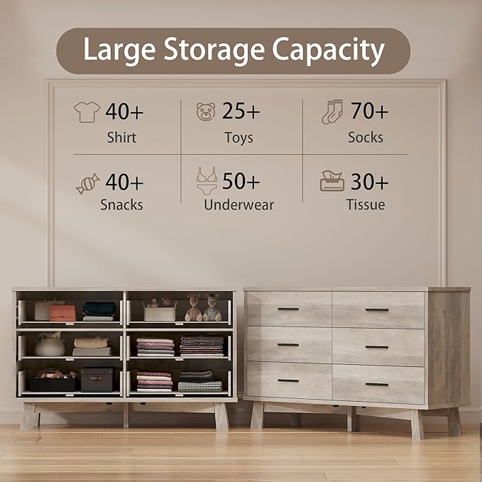 Dresser for Bedroom, 6 Drawer Wide Modern Chest of Drawers with X-Shaped Sturdy Base, Wood Double Dresser Closet Clothes Storage Organizer, Wooden TV Stand for Living Room, Hallway, Grey