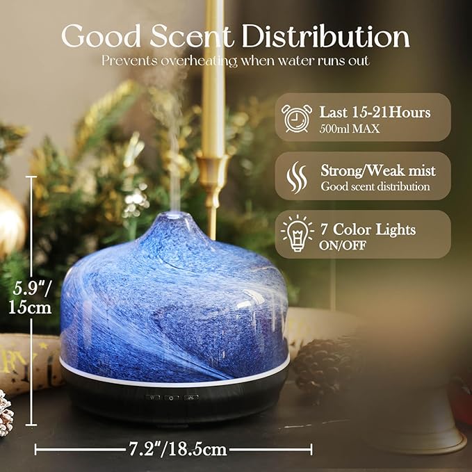 Porseme 500ml Glass Essential Oil Diffuser Aromatherapy Ultrasonic Cool Mist Humidifier 15-21 Running Hours Waterless Auto-Off Air Diffusers for Sleeping Yoga Office Working Spa and Rest (Obsidian)