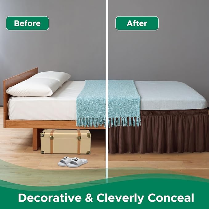 Biscaynebay Wrap Around Bed Skirts for King & Cal King Beds 16" Drop, Brown Adjustable Elastic Dust Ruffles Easy Fit Wrinkle & Fade Resistant Silky Luxurious Fabric Solid Machine Washable