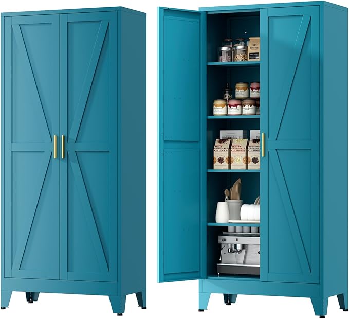 Farmhouse Pantry Cabinet with Barn Doors, 71" H x 31.5" W, 5-Tier Metal Storage Cabinet with 4 Adjustable Shelves for Kitchen Garage Dining Room,Blue