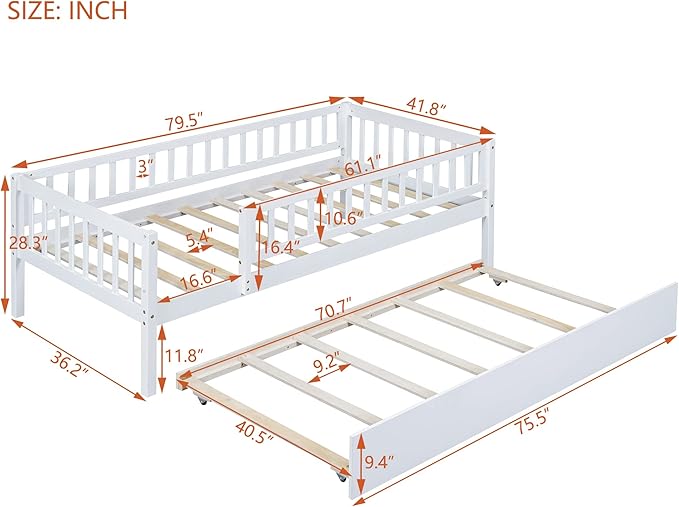 Bellemave Twin Kids Bed Frames with Rails for Kids, Twin daybed with Trundle for Boys/Girls/Adults，White