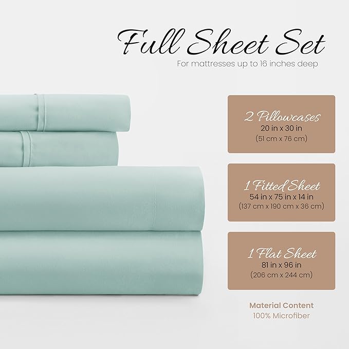 Linen Market Brushed Microfiber Full Sheet Set 4 Piece – Oeko-TEX Certified Ultra Soft & Wrinkle-Free - 16" Deep Pocket Sheets - Easy Care Full Size - Aqua