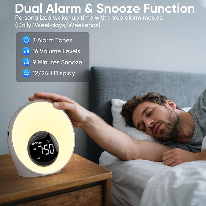 Wake Up Light Sunrise Alarm Clock - Sunrise Simulation & White Noise Machine with 30 Soothing Sounds, 14 Color Dimmable Night Light, Dual Alarms for Heavy Sleepers/Adults/Kids, Digital Clock Timer
