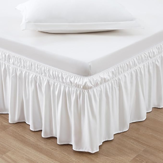 MEILA Wrap Around Bed Skirt Three Fabric Sides Elastic Dust Ruffled 24 Inch Tailored Drop,Easy to Install Fade Resistant-Natural White, Queen/King