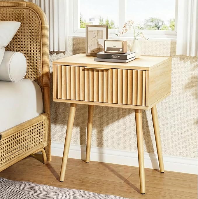 VINGLI Nightstands Set of 2, Fluted Night Stand with Drawer, Bedside Table, Wood Nightstand for Bedroom, Mid Century Modern End Tables, Natural Oak, 18.9" W*14.96" D*24" H