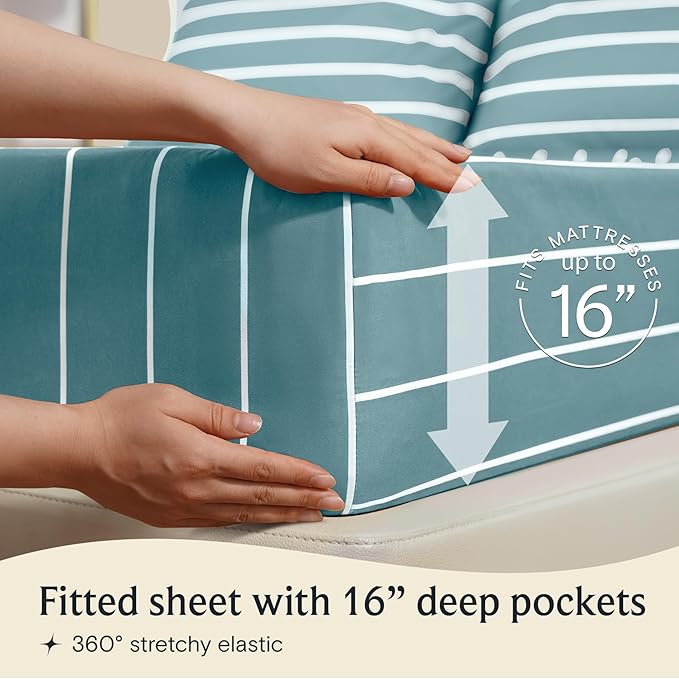 LuxClub 4 PC California King Sheet Set, Deep Pockets Wrinkle Free Cooling Bed Sheets Hotel Bedding for Women, Men, 1 Fitted Sheet, 1 Flat Sheet and 2 Pillowcases-Striped - Light Blue