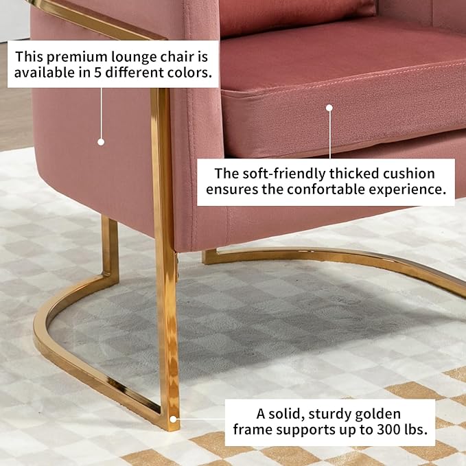 Velvet Modern Accent Chair, Upholstered Barrel Armchair Mid Century with Pillow for Living Room, Comfy Single Vanity Chair with Metal Gold Legs for Bedroom, Pink