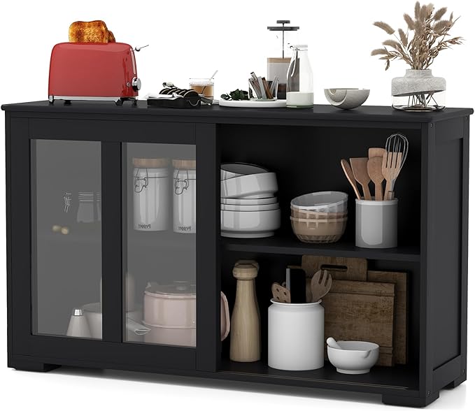 Costzon Sideboard Buffet Cabinet of 2, Wooden Kitchen Storage Cabinet with Adjustable Shelf, Sliding Glass Doors, Accent Coffee Bar Cabinet Console Table for Living Room, Dining Room, Hallway