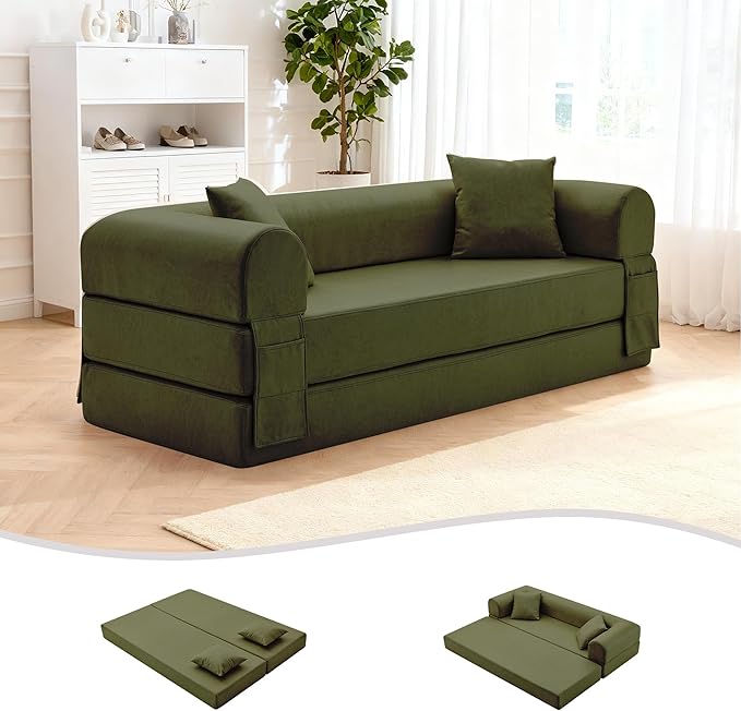 78.5" Convertible Sleeper Sofa Bed, Faux Leather Folding Floor Sofa with Pullout Bed&2 Pillows, No Assembly Modern Boneless Couch Compression Sofa in Box with Storage Pocket for Living Room, Green