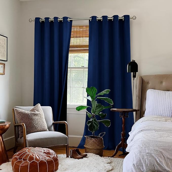 BGment Thermal Insulated 100% Blackout Curtains for Bedroom with Black Liner, Double Layer Full Room Darkening Noise Reducing Grommet Curtain (55 x 96 Inch, Navy Blue, 2 Panels)