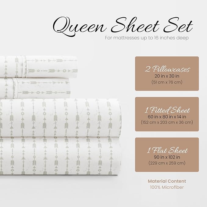 Linen Market Patterned Microfiber Queen Sheet Set 4 Piece – Oeko-TEX Certified Ultra Soft & Wrinkle-Free - 16" Deep Pocket Sheets - Easy Care Queen Size - Beaded Arrows Light Gray