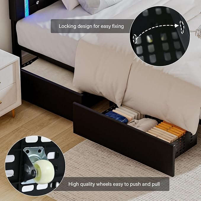 BarnFurin Full Size Bed Frame with LED Lights, Upholstered Bed Frame with Storage Drawers, Modern Platform Bed with Diamond Headboard and Footboard, No Box Spring Needed, Black