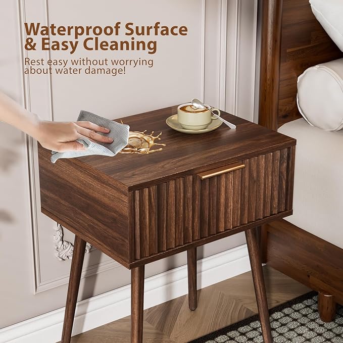 VINGLI Fluted Nightstand with Drawer, 19" W Mid Century Modern Nightstand for Bedroom, Bedside Table, End Tables Bedroom, Wood Night Stand, Walnut, 18.9" W*14.96" D*24" H