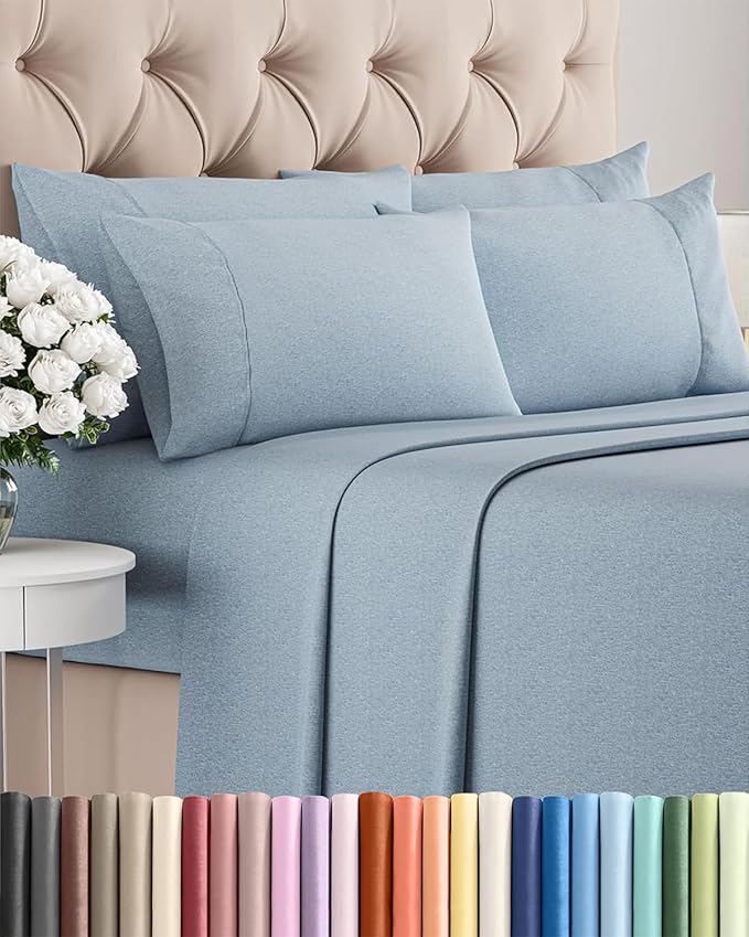 King 6 Piece Sheet Set - Cooling & Breathable - Hotel Luxury Bedding, Includes Fitted Sheet for Women, Men, Kids and Teens - 1 Flat, 1 Fitted Sheet, 4 Pillowcases with Deep Pockets - Heathered Blue