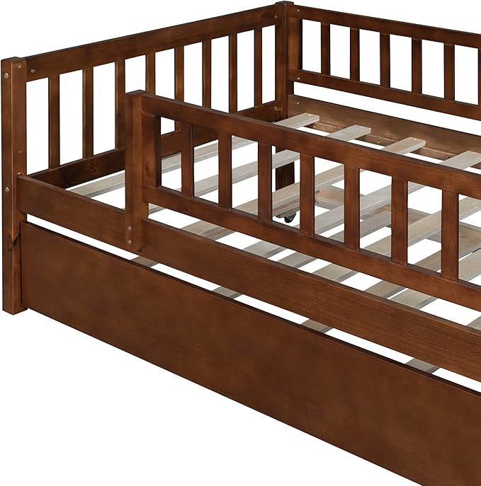 Bellemave Twin Bed Frames with Rails for Kids, Twin daybed Frame with Trundle for Boys/Girls/Adults， Walnut