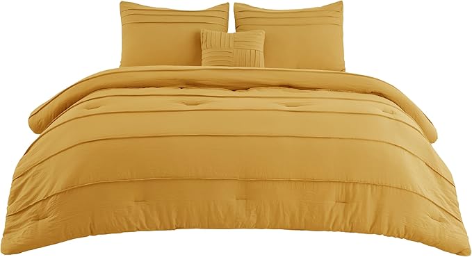 Bedsure King Comforter Set - 4 Pieces Pinch Pleat Bed Set, Mustard Yellow Boho Bedding for All Season, 1 Soft Comforter, 2 Pillowcases, 1 Decorative Pillow