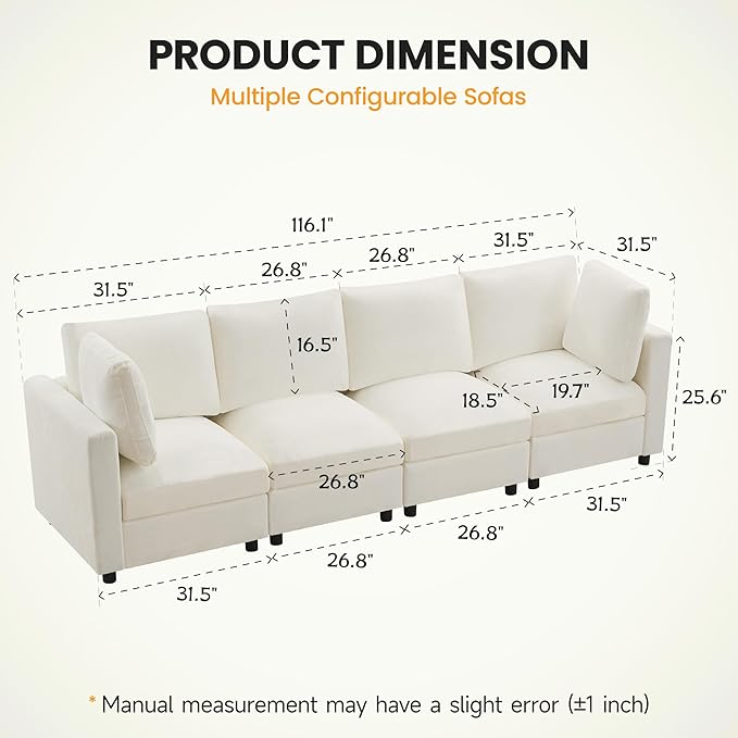 116'' 4-Seater Modular Sectional Cloud Sofa, Straight-Line Couches for Living Room, Modern Upholstered Deep Seat Sofa, Chenille Beige