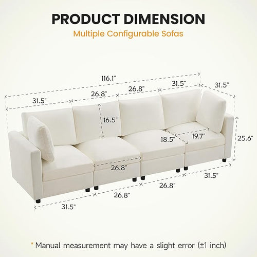 116'' 4-Seater Modular Sectional Cloud Sofa, Straight-Line Couches for Living Room, Modern Upholstered Deep Seat Sofa, Chenille Beige