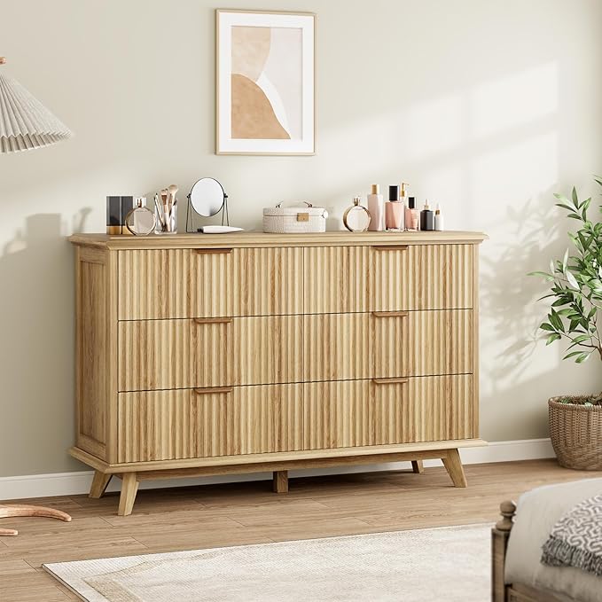 QUW Modern Fluted Dresser for Bedroom with 6 Drawers,47.2" Wood Closet Organizers and Storage,Wide 6 Drawer Dresser with Metal Handle,Hallway,Living Room(Natural Oak)