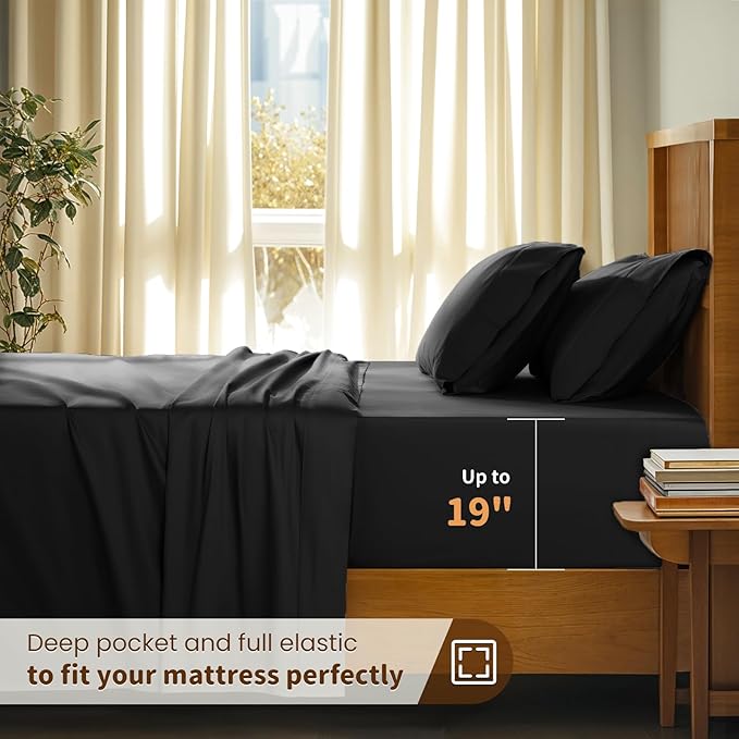 LBRO2M 100% Cotton Sheets Set Deep Pocket 19", 1000 Thread Count California Size 4 Piece Bed Sheet Sets Soft Comfortable Bedding All Season (King, Black)