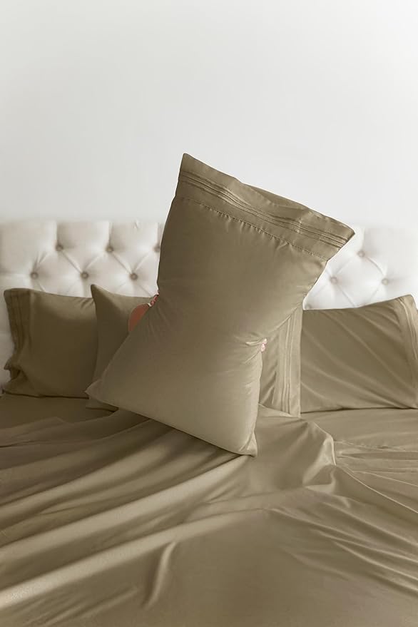 Full 6 Piece Sheet Set - Cooling, Comfy & Breathable - Hotel Luxury Bedding, Includes Fitted Sheet for Women, Men, Kids and Teens - 1 Flat, 1 Fitted Sheet, 4 Pillowcases with Deep Pockets - Khaki