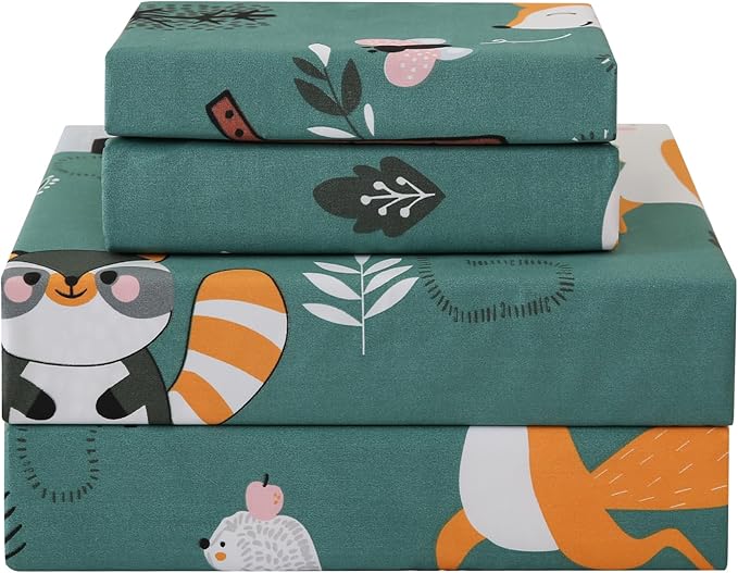 JSD Green Forest Animals Kids Sheet Set Twin Size, 3 Piece Woodland Printed Microfiber Bed Sheets Deep Pocket