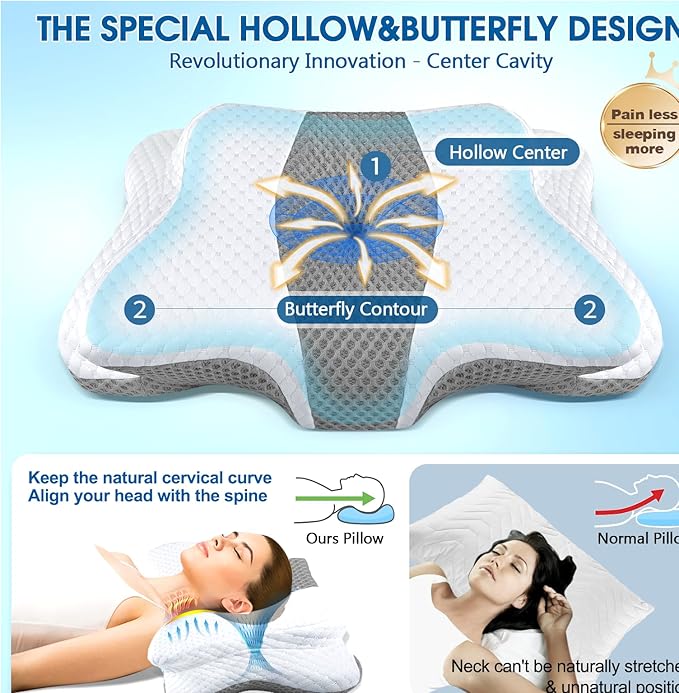 Memory Foam Pillow, Cervical Pillow for Neck and Shoulder Pain Relief, Ergonomic Contour Bed Pillow, Soft for Side Sleep Stomach Sleeping and Back Sleeper