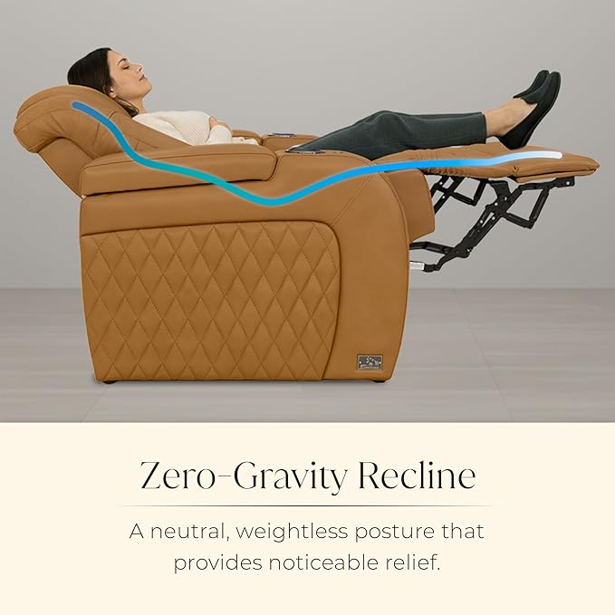 Seatcraft Diamante Zero-Gravity CoolZero Italian Leather Home Theater Seating, Power Headrest, Power Recline, Row of 2, Tan Oak