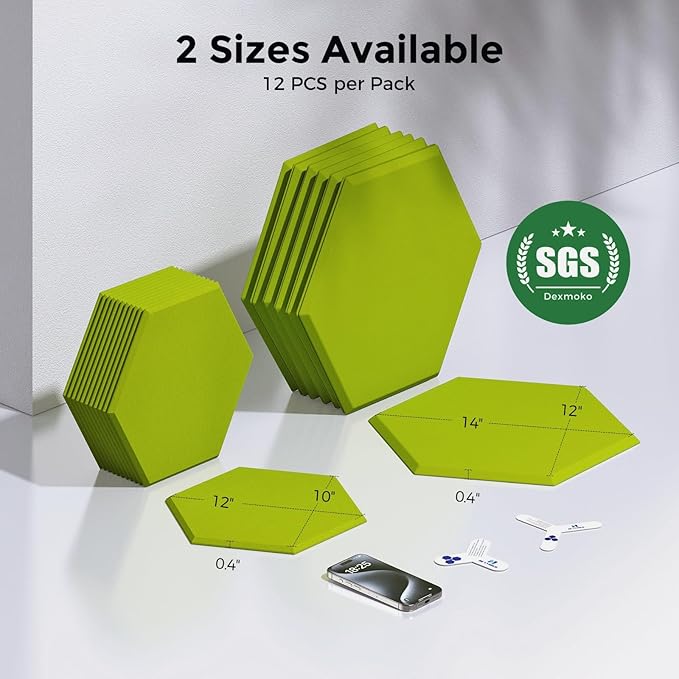 Self-Adhesive Acoustic Panels [390 lbs/yd³ Ultra-High Density], 2nd Generation Sound Absorbing Panel, Professional Level Sound Panel, Polyester Soundproof Foam [Size M, Fruit Green]