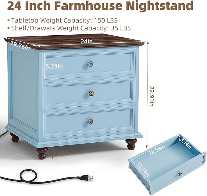 24" Wide Farmhouse Night Stand Set of 2,Large End Table with 3 Drawers & Metal Handle,Light Blue Wood Dresser for Bedroom Cabinet, Bed Side Table Chest of Drawers,Nightstand for Living Room