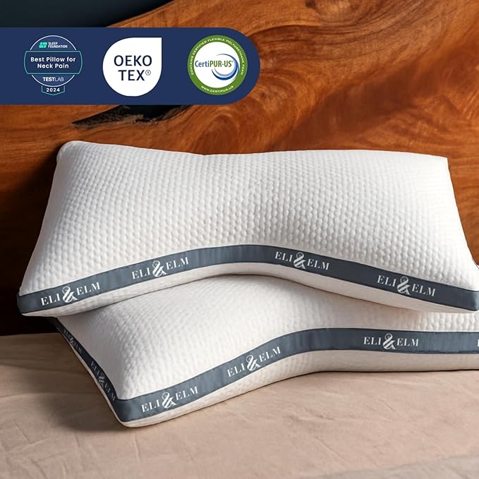 Eli & Elm | Best Ergonomic Side Sleeper Pillow for Neck Pain. Supportive Cooling Memory Foam Fill with Luxury Breathable Cover. U-Shape Contoured Design. Queen Size Bed Pillow