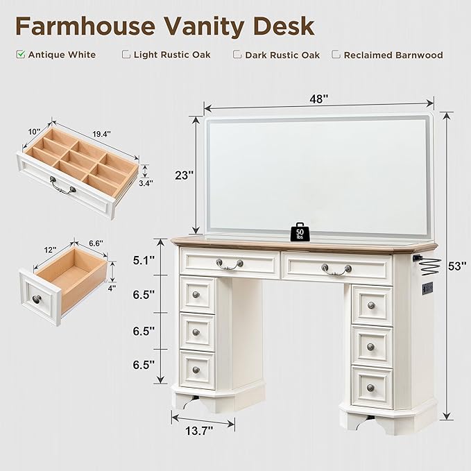 T4TREAM Vanity Desk with Mirror and Lights, 48'' LED Lights Makeup Vanity with 8 Drawers, Farmhouse Vanity Table with 3 Color Modes, Dressing Table with Glass Top and Power (Antique White)