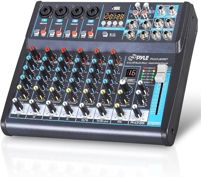 Pyle Professional Audio Mixer Sound Board Console Desk System- Interface 8 Channel Digital USB Bluetooth MP3 Computer Input 48V Phantom Power Stereo DJ Studio FX 16Bit DSP Processor, Black - PMXU83BT