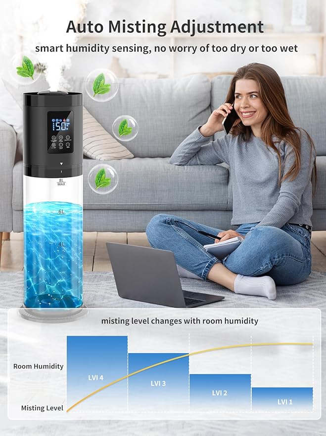 8L Humidifiers for Bedroom, 30dB Quiet, 500ft² Coverage, 60H Runtime, Top Fill, 3-in-1 Humidifier Large Room & Essential Oil Diffuser & Ambient Light, Sleep Mode, 16H Timer, Auto Shutoff Protection