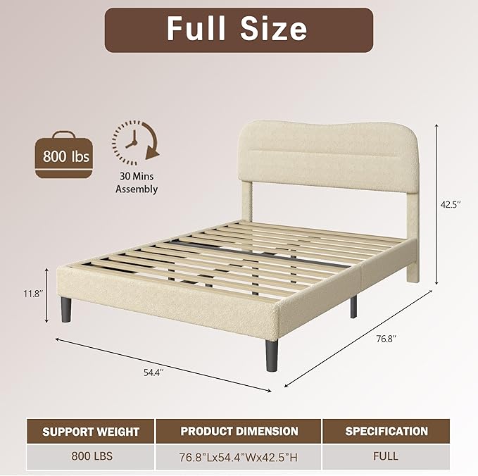 Full Size Bed Frame, Upholstered Cloud Bed Frame with Headboard, Teddy Soft Rounded Corners Boucle Fabric Bed Frame Full, Modern Style, Beige